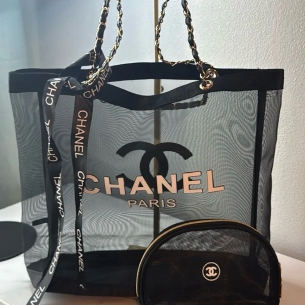 NWT Chanel Mesh Beach Tote Bag + Matching Pouch & Ribbon • Large • Summer Bag - Picture 2 of 3